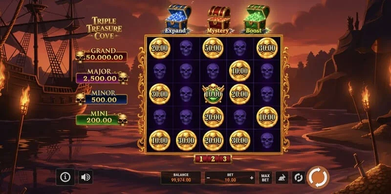 Triple Treasure Cove - hoofdscherm met rollen en piratenbaai